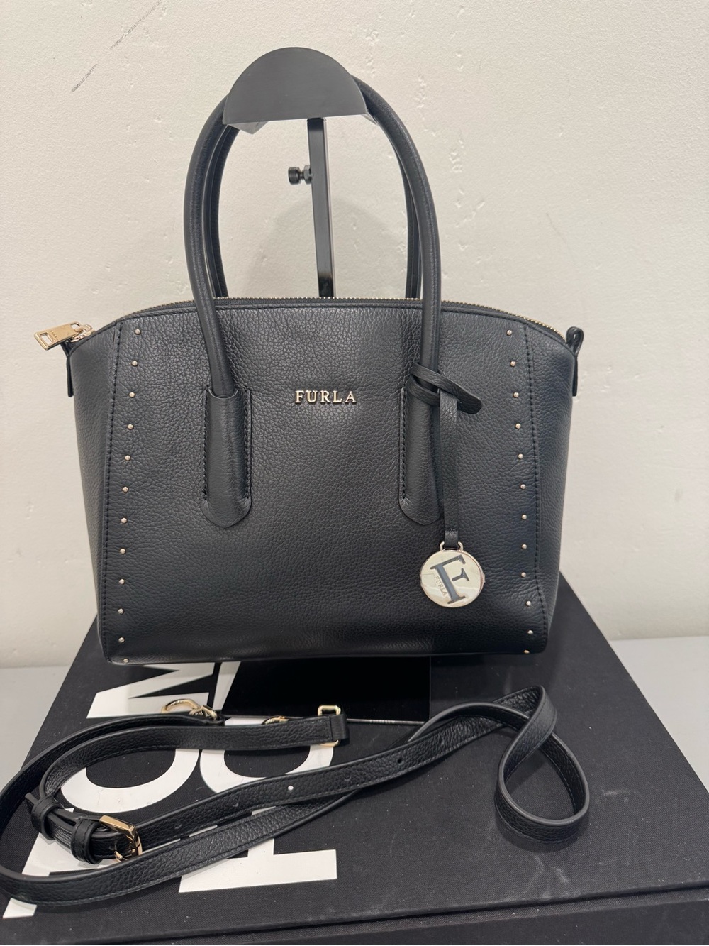 Furla Black Pebbled Leather Satchel with Gold Hardware